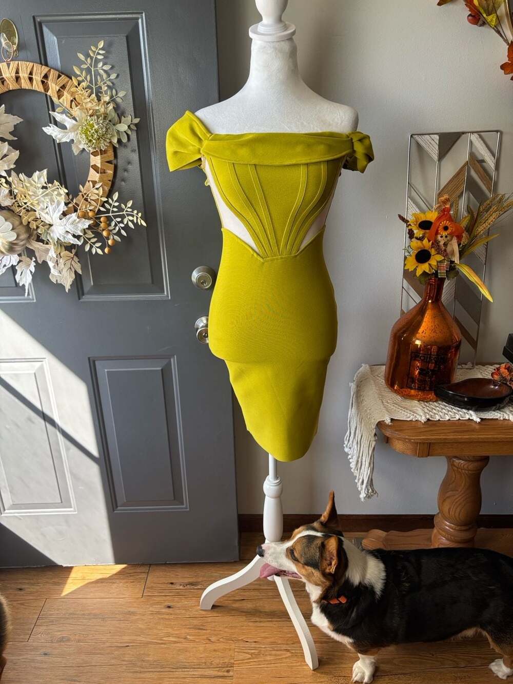 McCartney Quinn Bandage Dress Extra Small Green Off Shoulder Corset Midi